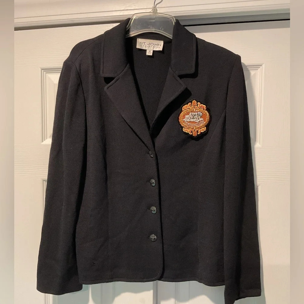 St John Collection Vintage Black Wool Knit Cardigan Blazer Suit Jacket Y2K w Pin